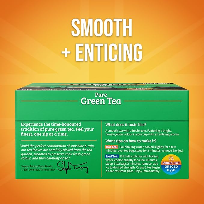 Twinings Pure Green Tea Individually Wrapped Bags, 50 Count (Pack of 6), Smooth Flavour, Enticing Aroma, Caffeinated, Enjoy Hot or Iced, 300 Teabags