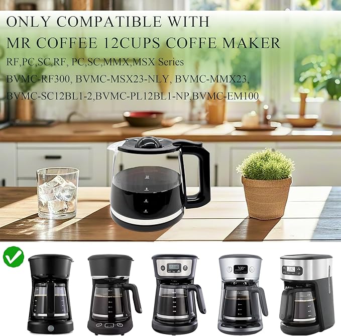 Glass Carafe Replacement Compatible with Mr Coffee 12 Cup Coffee Machine # RF, PC,SC,MMX,MSX, BVMC-RF300, BVMC-MSX23-NLY, BVMC-MMX23,BVMC-SC12BL1-2,BVMC-PL12BL1-NP,BVMC-EM100 Series