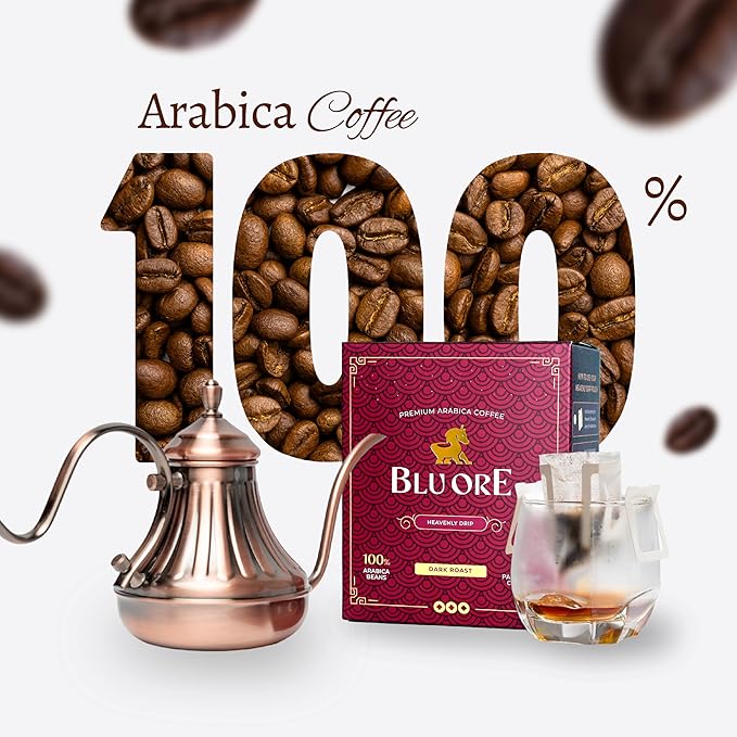 Blu Ore Premium Vietnamese Coffee - Single Serve Pour Over (8 Pack) - 100% Arabica Drip Bag Coffee, Eco-Friendly Filter, Travel Friendly, No Preservatives - Dark Roast