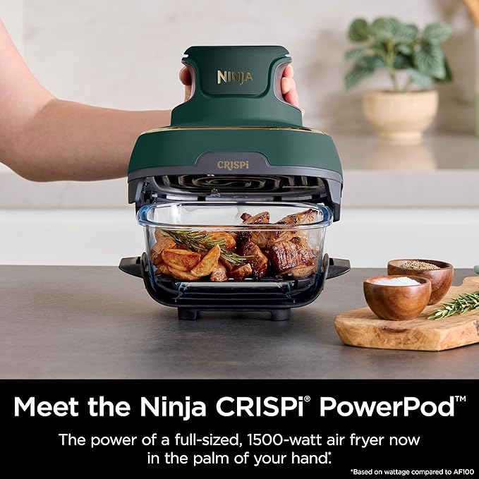 Ninja Crispi 5-in-1 Portable Glass Air Fryer, 4-QT, 2.5-QT & 6-Cup Glass Containers with Crisper Plates & Storage Lids, Microwave, Freezer & Dishwasher Safe, British Racing Green, FN103BF