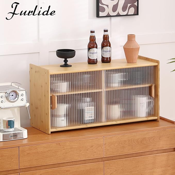 Wall Mounted Bamboo Countertop Storage Cabinet with Glass Door, Hanging Kitchen Cupboard with Adjustable Shelves, Small Pantry Sideboard for Dining Room, Bathroom, Wood