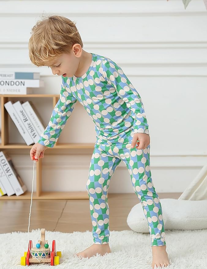 JunNeng Bamboo Viscose Pajamas for Toddler Boys, Baby Kids Diamond Pajamas Snug Fit Long Sleeve Sleeper