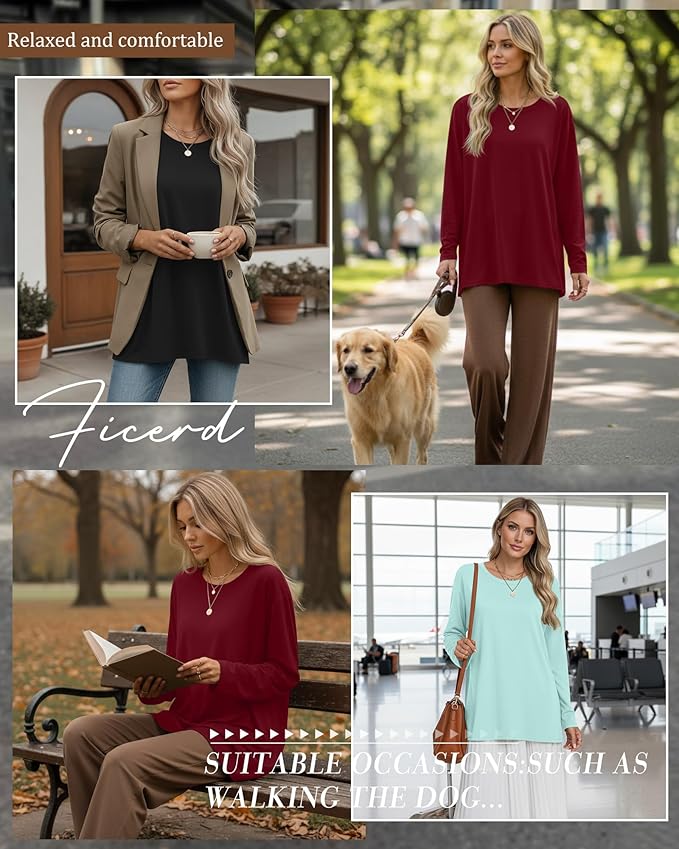 Ficerd 3 Pack Women's Oversized Long Sleeve Shirts Cotton Gym Round Neck Tops Loose Fit Casual Workout Baggy Fall Basic Tee