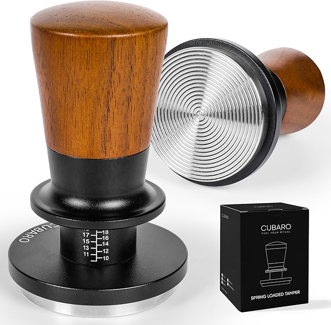 53.3mm Calibrated Espresso Tamper - 30lb Spring Loaded Auto-Leveling Coffee Tamper with Walnut Handle & Ripple Stainless Steel Base for 54mm Portafilters
