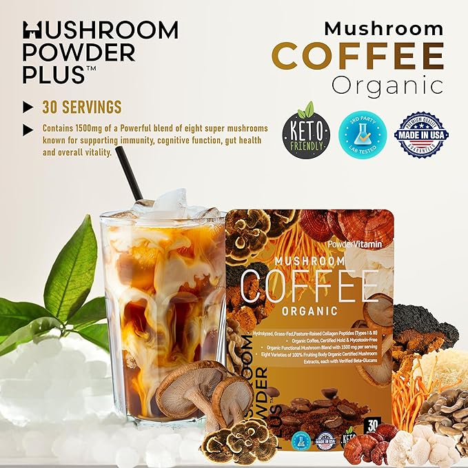 PowderVitamin Organic Mushroom Coffee Certified Mold & Mycotoxin-Free GrassFed Collagen Types I & III 8 Fruiting Body Mushrooms Tested for Beta-Glucans Focus Energy Digestion & Immunity 30 Servings