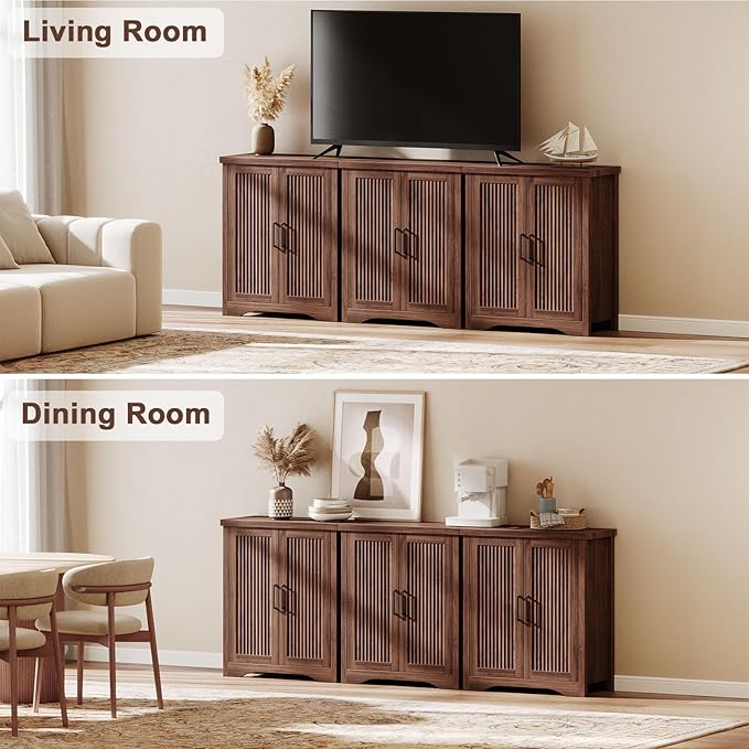 Fluted Buffet Cabinet with Storage Accent Sideboard,Modern Credenza with 2 Doors & Adjustable Shelves,Wood Coffee Bar Table Console for Dining Room Kitchen Living Room Entryway, Walnut
