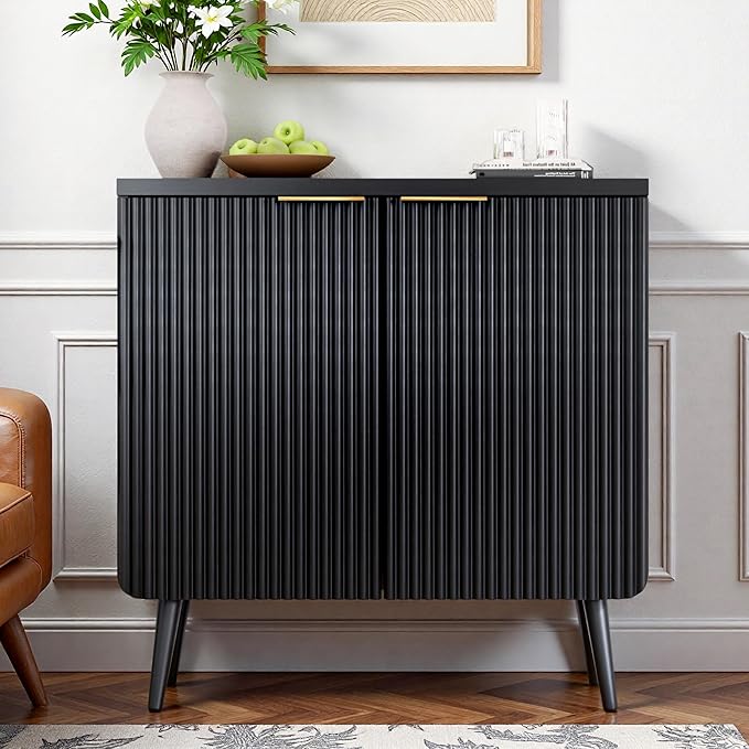 Wood Fluted Sideboard with 2 Doors, Modern Buffet Cabinet with Shelves, Multi-Space Storage Credenza Kitchen for Entryway, Dining & Living Room, Black