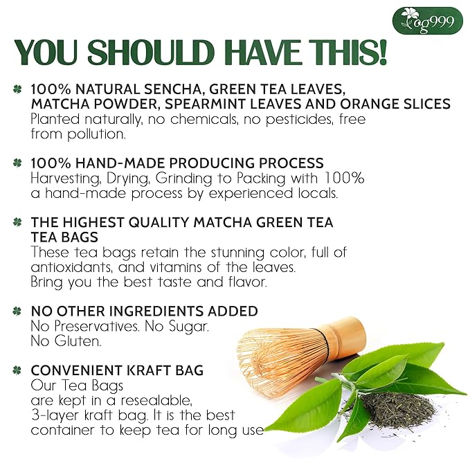 TOG999, Premium Matcha Green Tea Bags | 60 Count | Blend of Sencha, Green Tea, Spearmint & Orange Slices – Refreshing Flavor, Naturally Vibrant, No Gluten. Vegan.