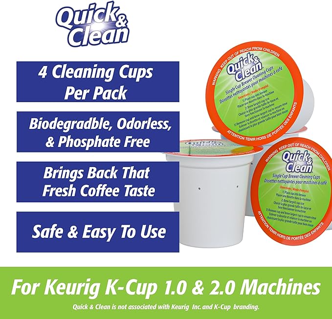 Quick & Clean 4-Pack of Cleaning Cups with Descaler Bundle (2 Total Uses) - 2.0 Compatible, Descaling Solution for Keurig, Nespresso, Ninja, Delonghi, All Coffee and Espresso Machines