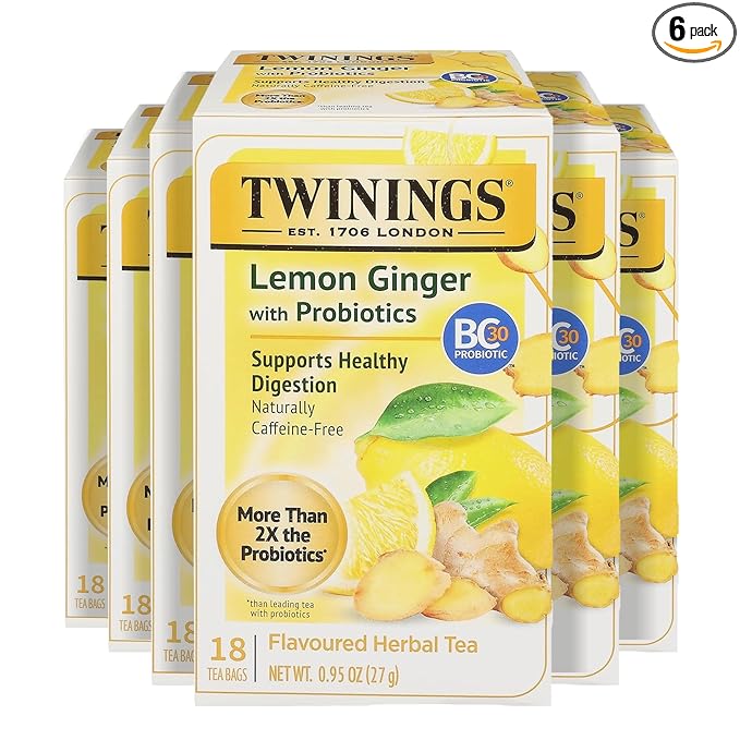 Twinings Superblends Probiotics+ Lemon & Ginger Flavoured Herbal Tea with Turmeric, Naturally Caffeine-Free, 18 Tea Bags (Pack of 6), Enjoy Hot or Iced, 108 Teabags