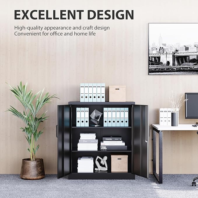 SISESOL Metal Storage Cabinet Locked Steel Cabinet with 2 Adjustable Shelves,Office Cabinet Locking Tool Cabinets,Kitchen Storage Cabinets Metal Locker Small Counter Height Storage Cupboard 36" H