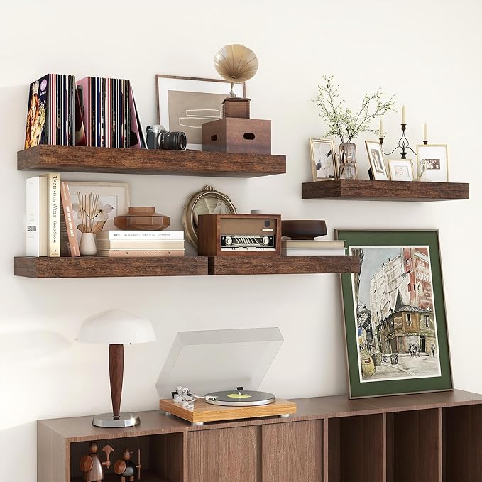 Deep Floating Shelves | 36 Inch Brown Floating Shelves Set of 2 | 12 Inch Deep Rustic Wood Shelves for Wall | 36" W x 12" D Brown Shelves for Living Room Bathroom Laundry Room Kitchen