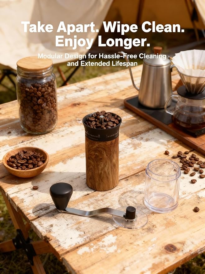 LAMIDO Mini Manual Coffee Grinder, 56 External Adjustable Settings, 30g Capacity, Portable Ceramic Conical Burr Mill with Crank, Single Dose Hand Grinder for Camping, Travel - Wood Grain