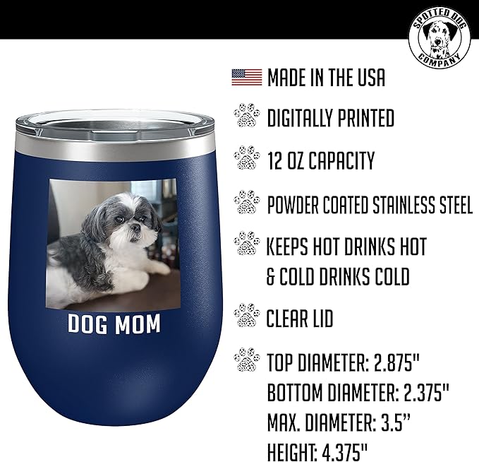 Personalized 12oz (17 Colors) Mother's Day Photo Picture Printed Insulated Stainless Steel Powder Coated Stemless Wine Tumbler with Lid, Customized Gift Idea Her, Coach Gifts Team Mom Dad (Navy Blue)