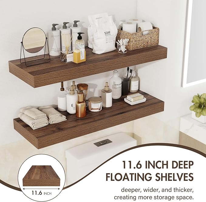 30 Inch Floating Shelves, 12" Deep Floating Shelf Wall Mounted, 30" Wall Shelves, Rustic Deep Bookshelf, Extra Deeper & Thicker Display Shelves for Bedroom, Living Room, Walnut, Set of 2