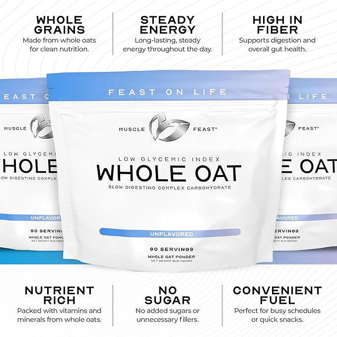 Muscle Feast Whole Oat Powder All Natural and Complex Carb Oat Fiber - Non-GMO, Vegan Powdered Oats Slow Digesting Carbohydrate Powder - Supports Steady Energy - Unflavored, 8lb