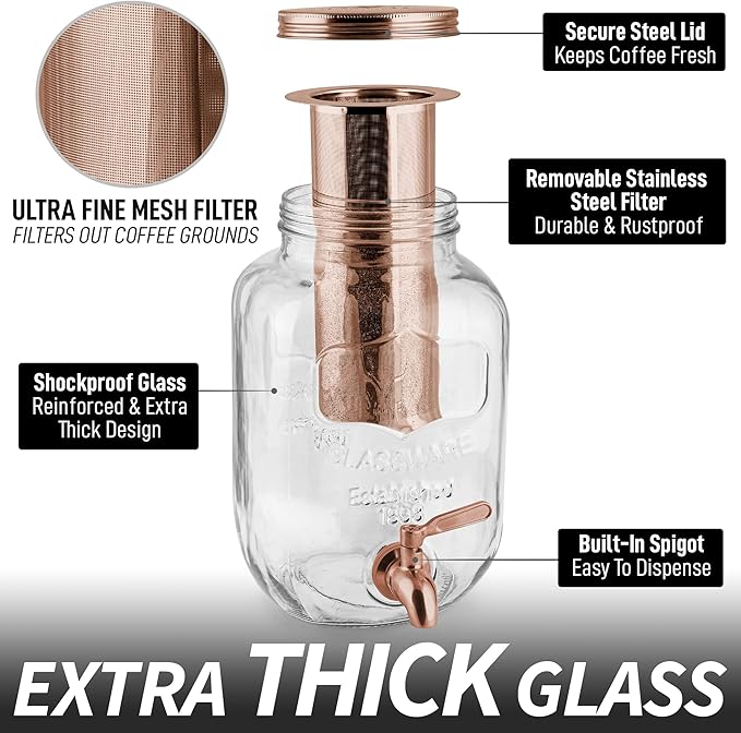 Zulay Kitchen 1 Gallon Cold Brew Coffee Maker - Large Iced Tea & Cold Brew Pitcher with Extra-Thick Glass & Stainless Steel Infuser - Drink & Beverage Dispenser Jar with Airtight Lid & Spout Rose Gold