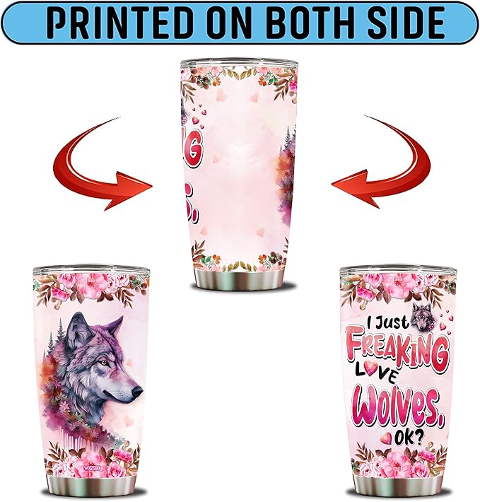 Wolf Tumbler 20oz Cute Animal Gift for Women, Girls Who Freaking Love Wolves Lovers Moon Flowers Perfect Birthday Christmas Valentine Wife Daughter Insulated Stainless Steel Coffee Cup with Lid