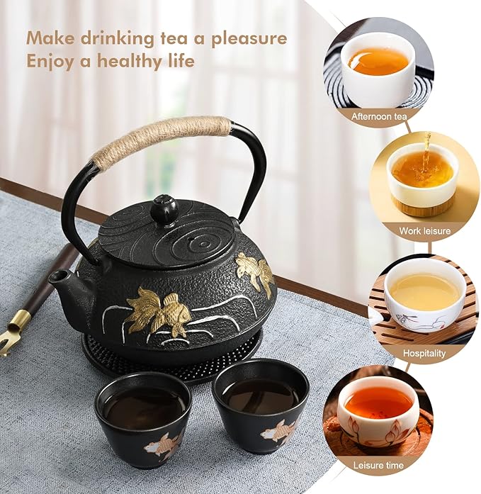 RekRang Hand-Painted Goldfish Cast Iron Teapot Set,Japanese Cast Iron Tea Kettle Set with Removeable Infuser and 4 Stainless Steel Cups,Traditional Tetsubin Tea Pot Sets for Stovetop 750ml/26oz