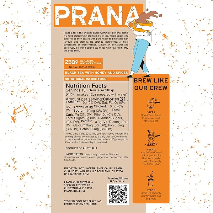 Prana Chai Original Masala Chai Tea - Premium Chai Tea Blend with Authentic Indian Spices for Rich, Aromatic Chai Masala Experience, 250g
