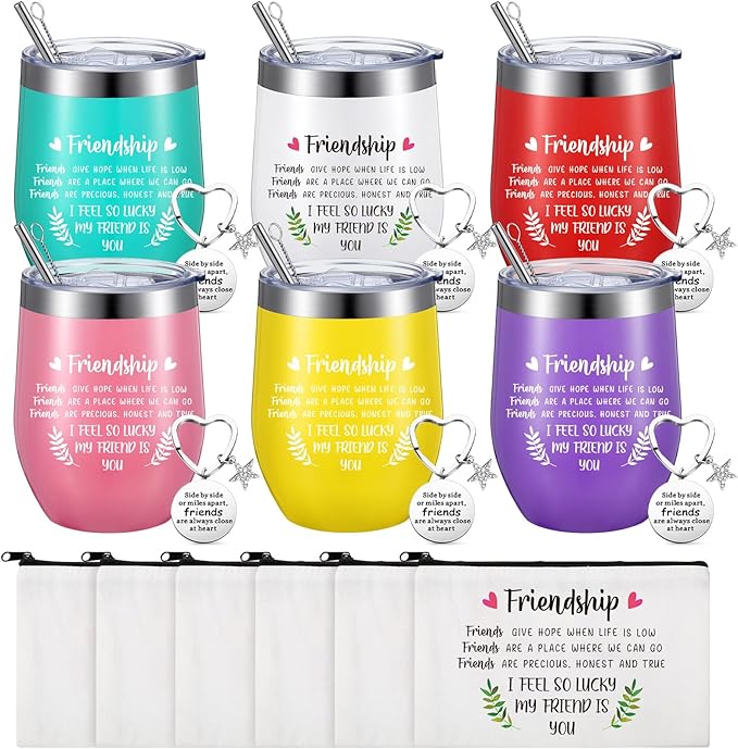 Sliner 6 Pack Friend Gift for Women Christmas Friendship Wine Tumbler Cup 12 oz Friendship Canvas Makeup Bag and Inspirational Keychain Xmas Gifts