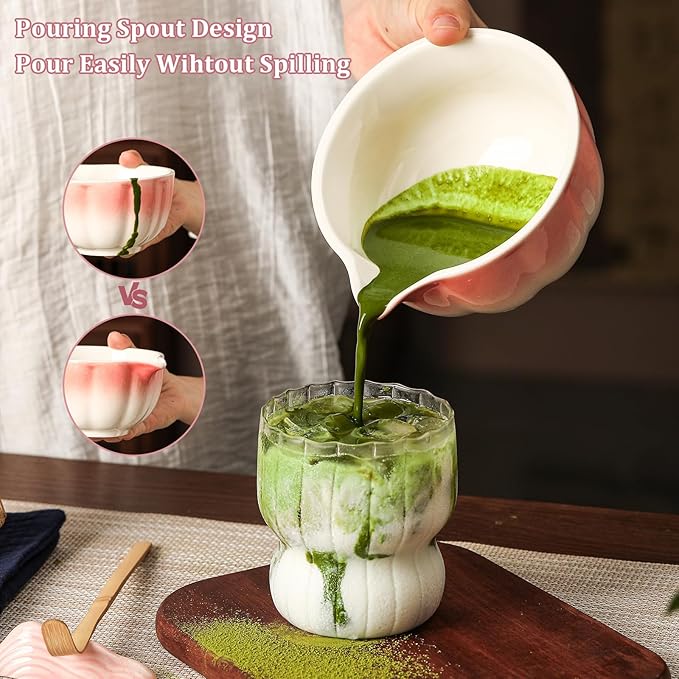 Matcha Whisk Set, 7-Pack Peach Pink Matcha Set - Include Ceramic Petal Matcha Bowl with Spout, Bamboo Whisk, Chasen Holder, Sifter, Scoop, Tea Towel, Scoop Rest - Matcha Making Kit for Tea Lover