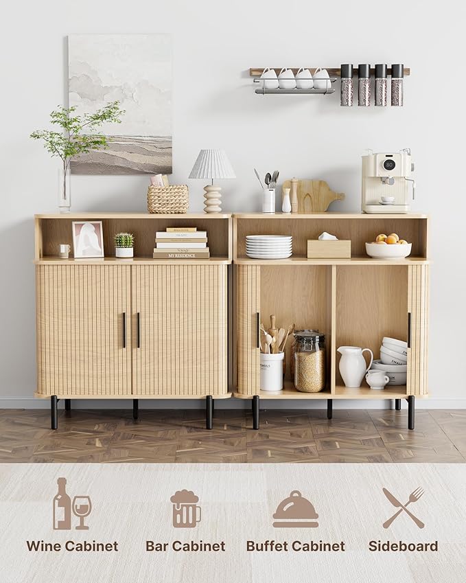 SUNCOZE Fluted Storage Cabinet with Sliding Tambour Doors, Sideboard Buffet Cabinet with Storage, Modern Accent Coffee Bar for Kitchen, Entryway, Living & Dining Room (Wood)