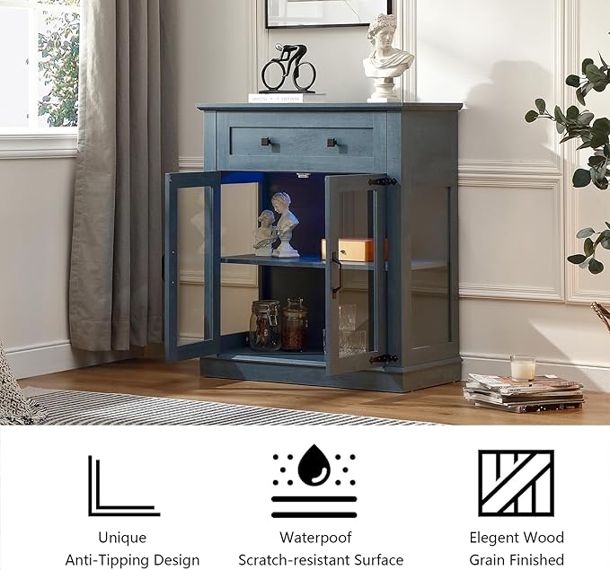 Modern 31.5'' Small Sideboard Buffet Cabinet with Storage,Small Coffee bar Cabinet with a Drawer and Adjustable Shelf,Glass Doors Sideboard Buffet with LED for Kitchen,Blue