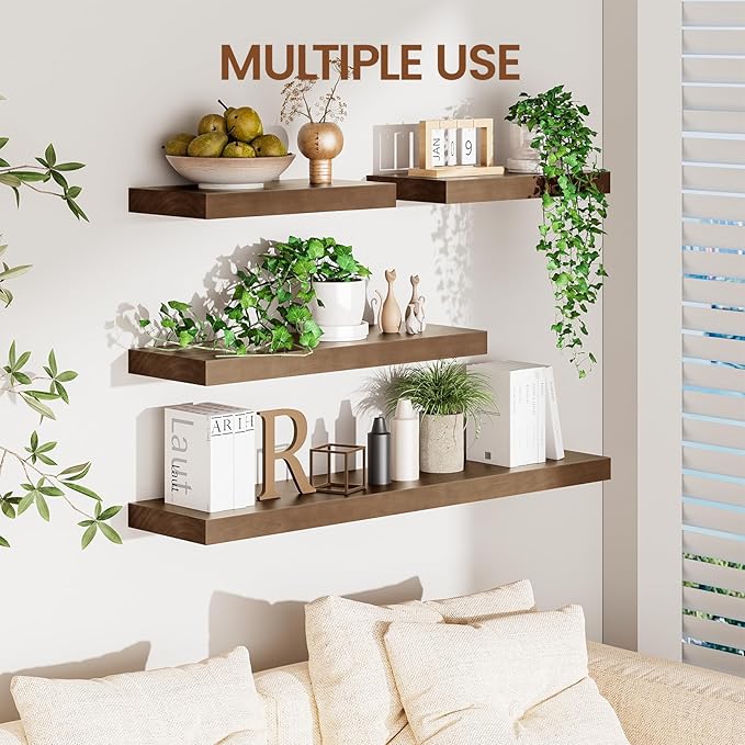 Heimlove 24 inch Floating Shelves for Wall,2 Packs Natural Pine Solid Wood Floating Shelves, 8 inches Deep Wooden Shelves for Kitchen Bedroom Office & Living Room Display Wall Decor