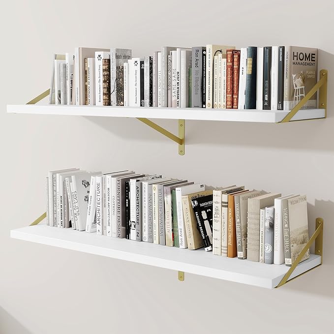 Deep Wall Shelves 48"W x 12"D Engineered Wood Floating Shelves for Wall, Sturdy Metal Bracket(Gold) Bookshelves Home Decor Storage for Living Room Bedroom Bathroom Kitchen, Set of 2, White Finish