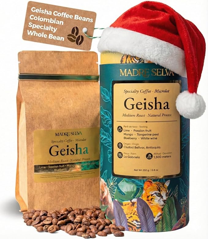 Colombian Geisha Coffee Whole Bean Medium Roast Arabica Gourmet Fresh Single Origin Premium Low Acid Exotic Notes Rich Aroma Smooth Flavor Quality High Altitude Giftable Pack Freshness Lock 8.8oz 250g