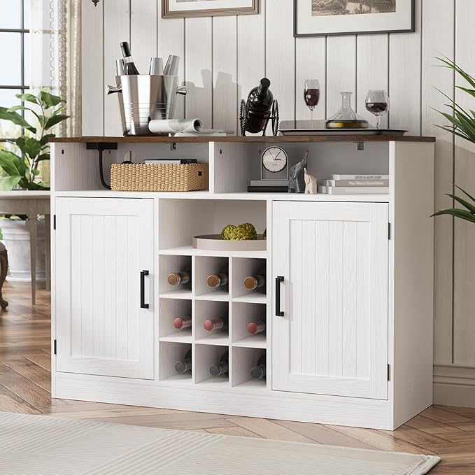 MHOM Farmhouse Buffet Cabinet with Prower Outlets, Rustic Sideboard Buffet with Wine Rack, Wooden Buffet Table for Dining Room, Antique White