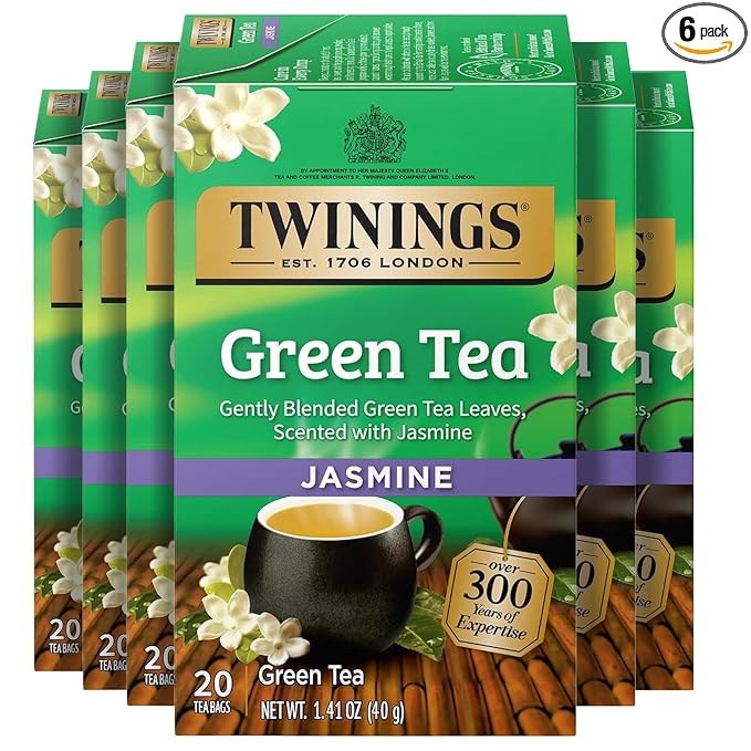 Twinings Green Tea with Jasmine Individually Wrapped Bags, 20 Count (Pack of 6), Fragrant Floral Scent, Caffeinated, Enjoy Hot or Iced, 120 Teabags