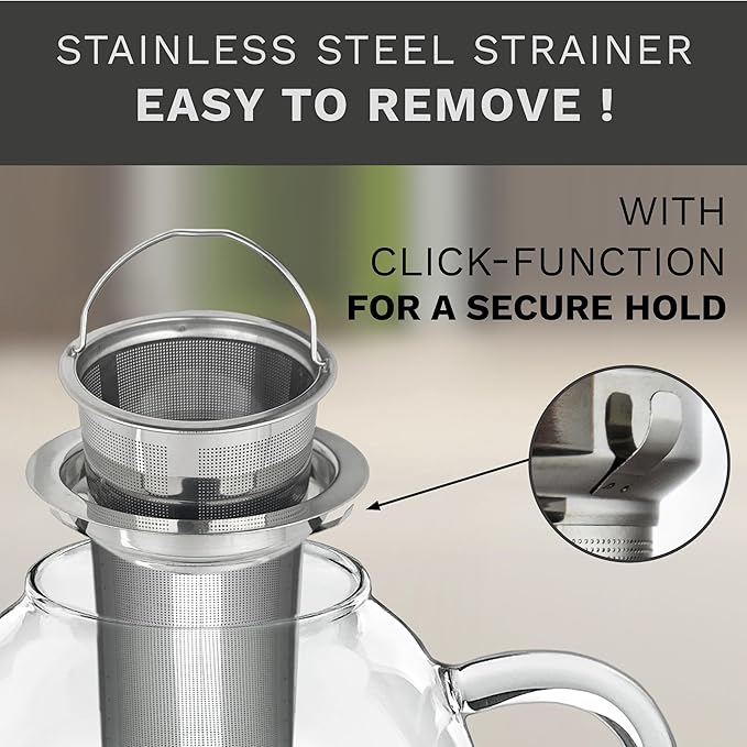 Creano glass teapot 34oz (1000ml), tea maker with integrated stainless steel strainer and glass lid, ideal for preparing loose teas, drip-free, all-in-one