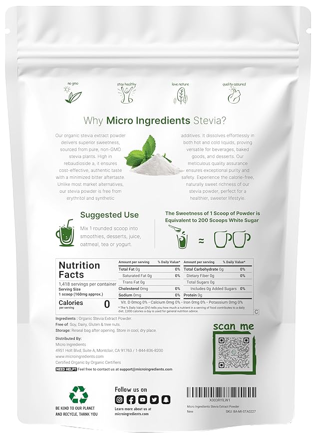 Pure Organic Stevia Powder, 8 Ounces, 1418 Serving, Highest Grade Stevia Green Leaf Extract Reb-A, Reduced Bitter Aftertaste, 0 Calorie, Natural Sweetener, Sugar Alternative, Keto Friendly