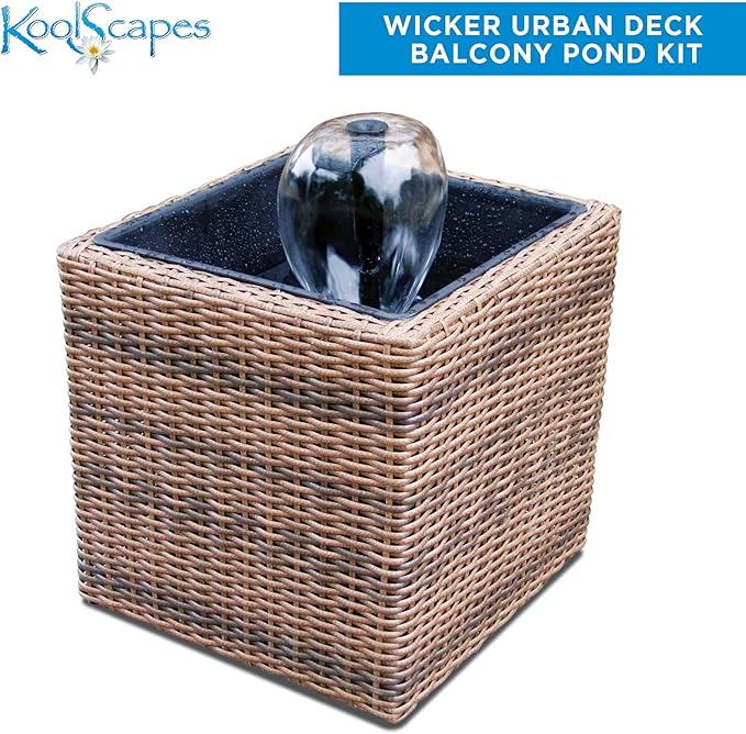 Koolscapes Wicker-Look Water Feature Mini Pond and Fountain, Brown, 200 GPH Pump, Weather Resistant Self-Contained Indoor or Outdoor Pond Kit for Deck Porch Balcony Garden Yard Pool Sunroom Patio