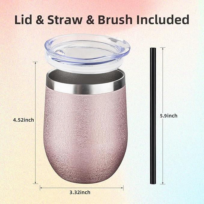 12 oz Insulated Wine Tumbler with Lid and Straw Double Wall Vacuum Insulated Wine Cup Stainless Steel Wine Tumbler Glasses for Coffee,Champaign,Office (Wrinkle Paint Rose Gold,1)