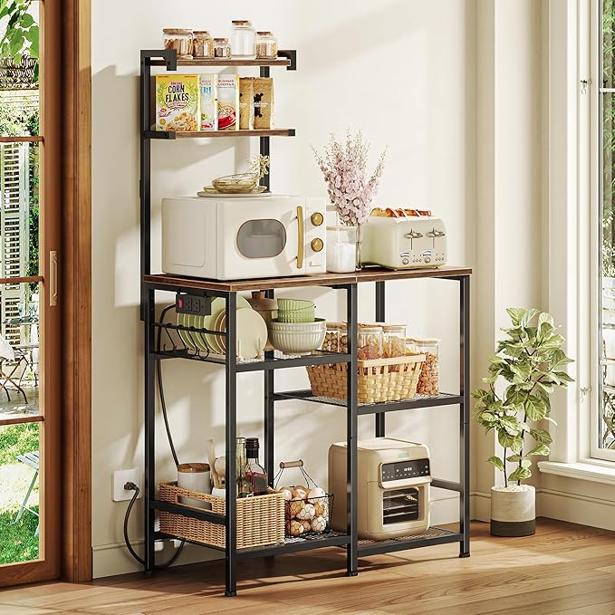 Huuger 31.5 Inch Bakers Rack with Power Outlets, Kitchen Microwave Stand with Storage, Coffee Bar with 4 Hooks, 3-Level Height Open Shelves, Rustic Brown