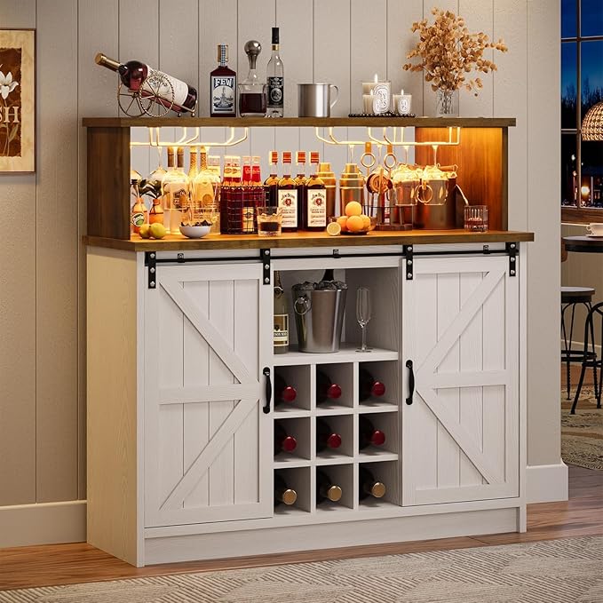 4ever2buy Farmhouse Coffee Bar with LED Lights, 47 inch Coffee Bar Cabinet with Storage, Wine Bar Cabinet with Wine and Glass Rack for Living, Dining Room, White