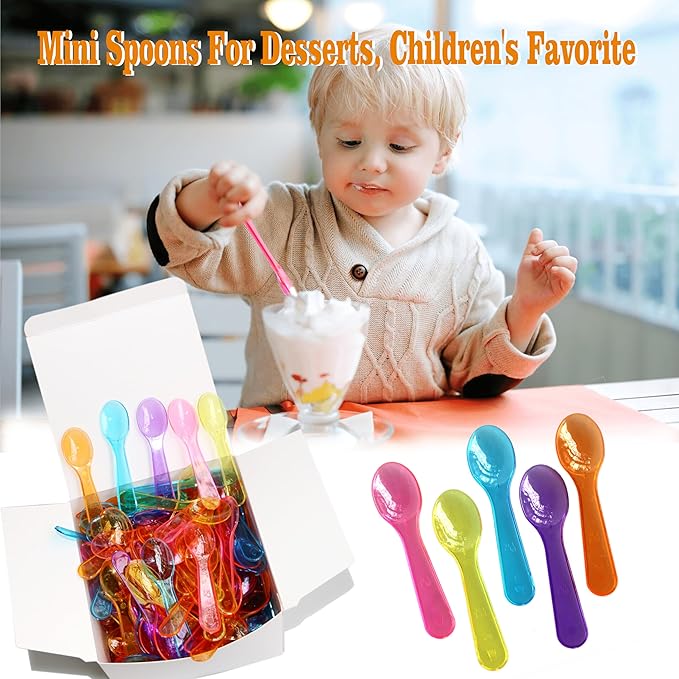 200 PCS Mini Dessert Spoons - 3 Inch Tiny Plastic Baby Spoons, Small Disposable Spoon for Baby Food, Ice Cream, Yogurt, Sampling - Multicolor Little Spoon Bulk Pack
