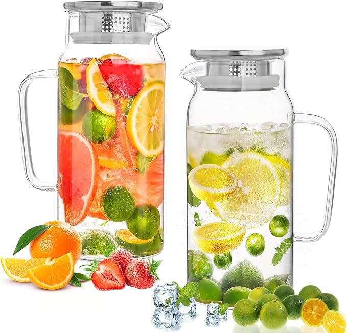 Set of 2 Glass Pitcher with Lid, 1200ml Leak Proof,Glass Water Jugs, BPA-Free,Microwave & Dishwasher Safe Pitcher,Sun & Iced Tea, Sangria,Cold Brew Coffee & More