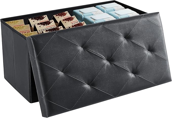 DUMOS Folding Storage Ottoman Bench 30in, Synthetic Leather Foot Rest Stools Ottoman with Storage Chest Footstool for Living Room, Bedroom, Load 660 lb, Vintage Black