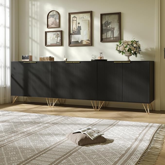 Fluted Storage Cabinet, 2 Doors Sideboard Buffet Cabinet, Modern Wood Accent Table with Adjustable Shelves, Console Table for Living Room, Hallway, Entryway, Black
