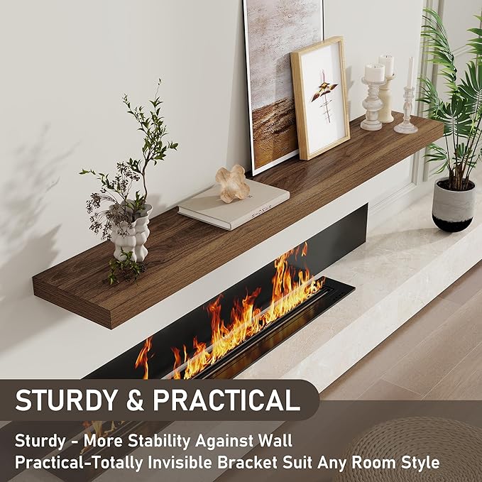 Fun Memories 55 Inch Long Floating Shelves for Wall, 8" Deep Floating Shelves for Bathroom Living Room Bedroom, Rustic Wall Mounted Shelf with Invisible Heavy-Duty Bracket, Set of 2, Walnut