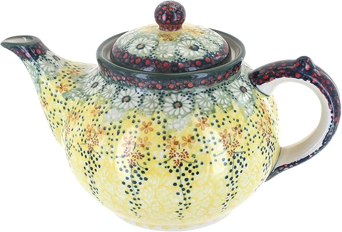 Blue Rose Polish Pottery - Yellow Sunshine Grotto Teapot - 5 Cup Capacity - Hand-Painted Polish Pottery Ceramic Coffee & Tea Server