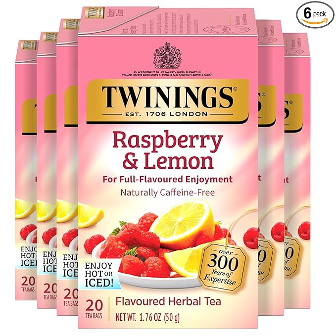 Twinings Raspberry & Lemon Herbal Tea Individually Wrapped Bags, 20 Count (Pack of 6), Fruity & Zesty, Naturally Caffeine-Free, Enjoy Hot or Iced, 120 Teabags
