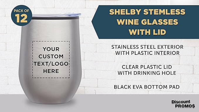 Custom Stemless Wine Tumblers 12 oz. Set of 12, Personalized Bulk Pack - Insulated, Perfect for Wine, Cocktails, Other Hot & Cold Beverages - Silver