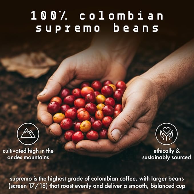 Terra Nera Coffee - Colombian Supremo Whole Bean Coffee Beans - Extra Dark Roast, Espresso-Style Arabica - Bold & Smooth Flavor - Small-Batch Roasted in the USA - 16oz (1lb / 1 Pound) Bag with Degas Valve