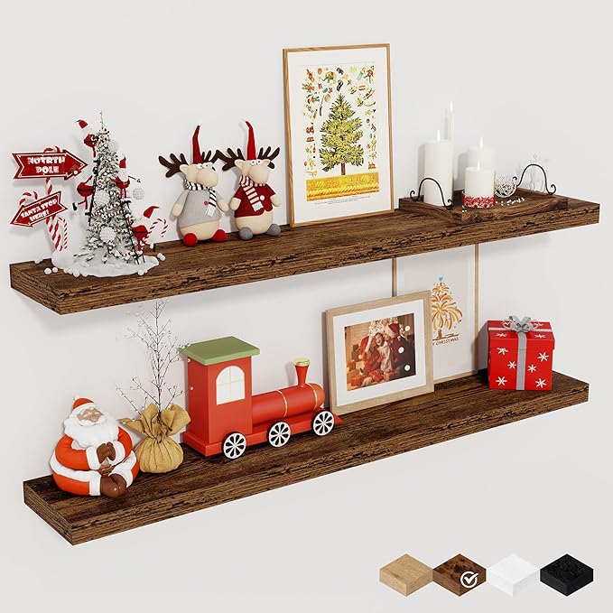 Floating Shelves for Wall, 40 Inch Floating Shelves for Home Decor, Wall Mounted Rustic Wood Shelves, Bathroom, Hanging Deep Shelf for Bedroom, Living Room, Kitchen (Rustic Brown, Set of 2)