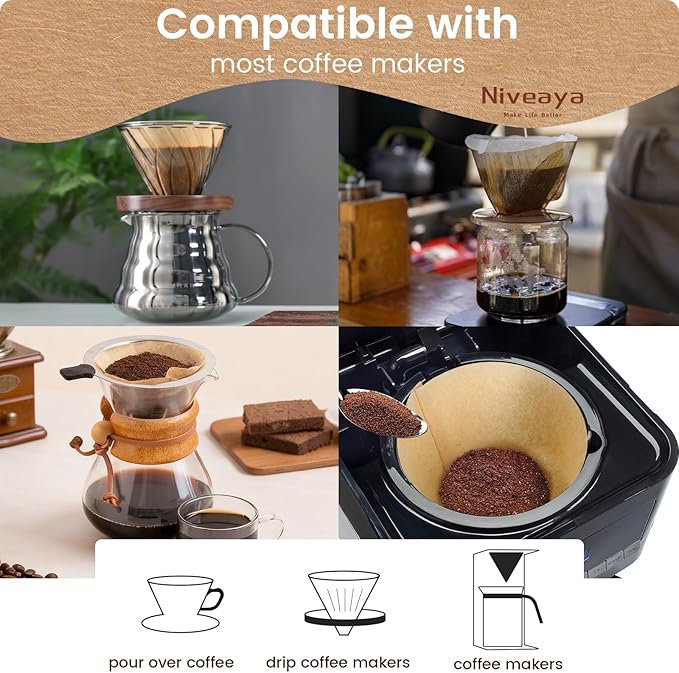 Niveaya Coffee Filters 600 Count, Coffee Filter #4 Cone, Natural Paper Coffee Filter 8-12Cup (natural brown-600pcs, 04)